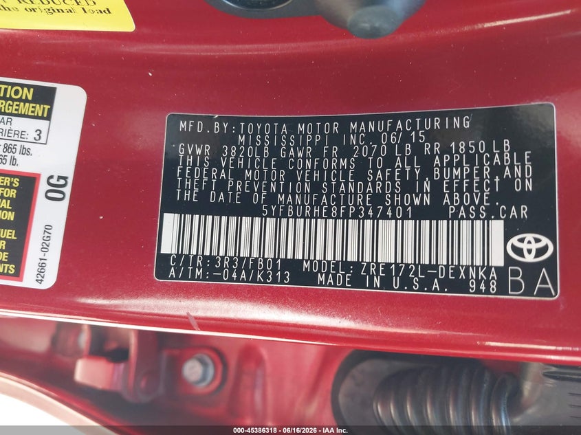 2015 Toyota Corolla VIN 5YFBURHE8FP347401 IAAI salvage auction — REAR END, Salvage (Tennessee), sold $1,900 on 2026-07-14 (photo 9)