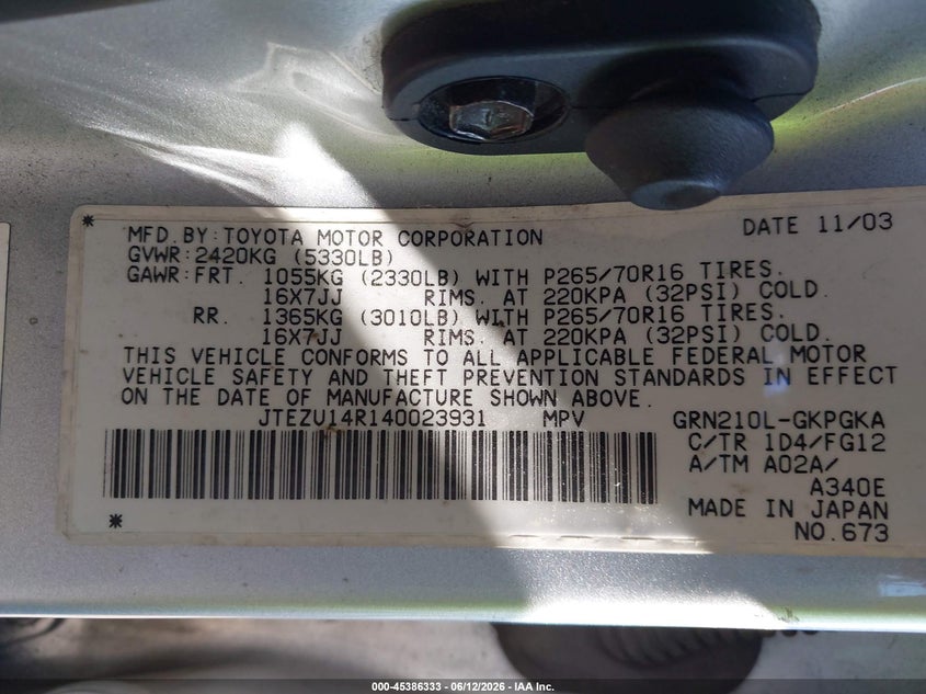 2004 Toyota 4runner VIN JTEZU14R140023931 IAAI salvage auction — NORMAL WEAR, Salvage (California), sold $1,525 on 2026-07-29 (photo 9)