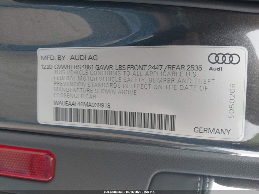 2021 Audi A4 VIN WAUEAAF46MA039918 IAAI salvage auction — FRONT END, Original (Texas), sold $10,600 on 2026-07-22 (photo 9)