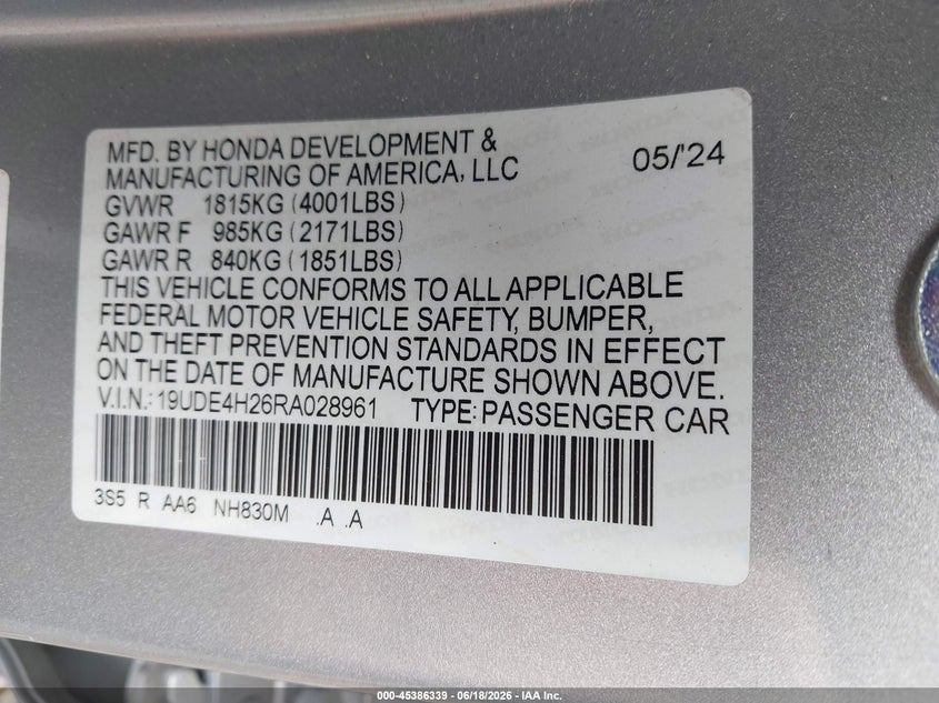 2024 Acura Integra VIN 19UDE4H26RA028961 IAAI salvage auction — REAR END, Mv-907A (New York), sold $8,100 on 2026-07-28 (photo 9)