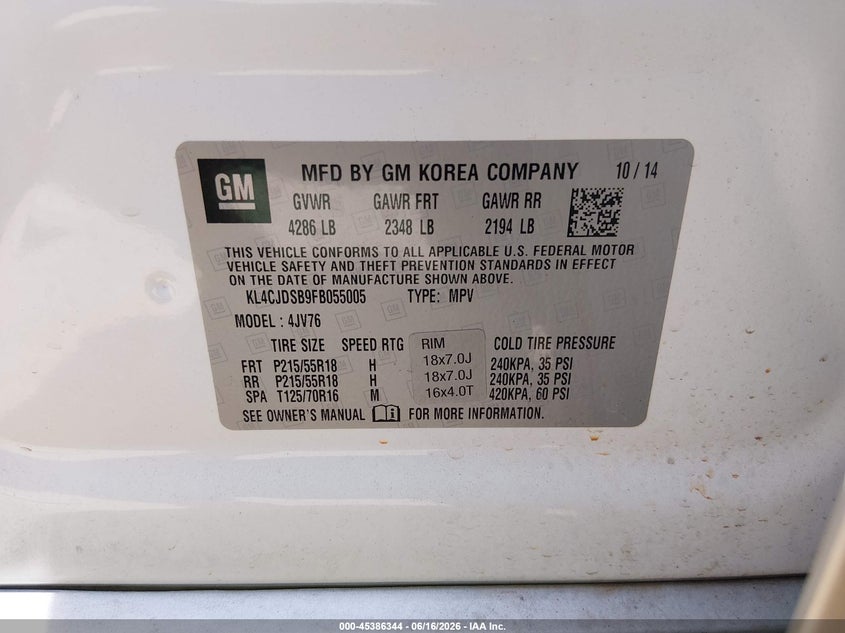 2015 Buick Encore VIN KL4CJDSB9FB055005 IAAI salvage auction — LEFT REAR, Salvage (Tennessee), sold $1,325 on 2026-07-15 (photo 9)