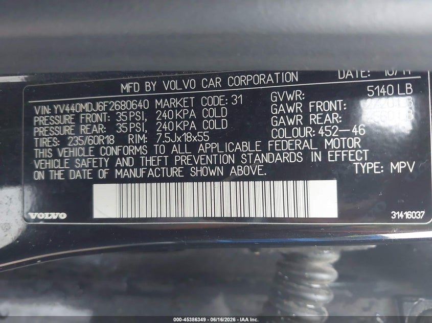 2015 Volvo Xc60 VIN YV440MDJ6F2680640 IAAI salvage auction — NORMAL WEAR, Original (Texas), sold $2,100 on 2026-07-08 (photo 9)