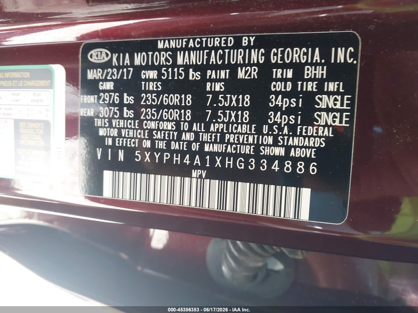2017 Kia Sorento VIN 5XYPH4A1XHG334886 IAAI salvage auction — FRONT END, Salvage Title, sold $4,050 on 2026-07-23 (photo 9)