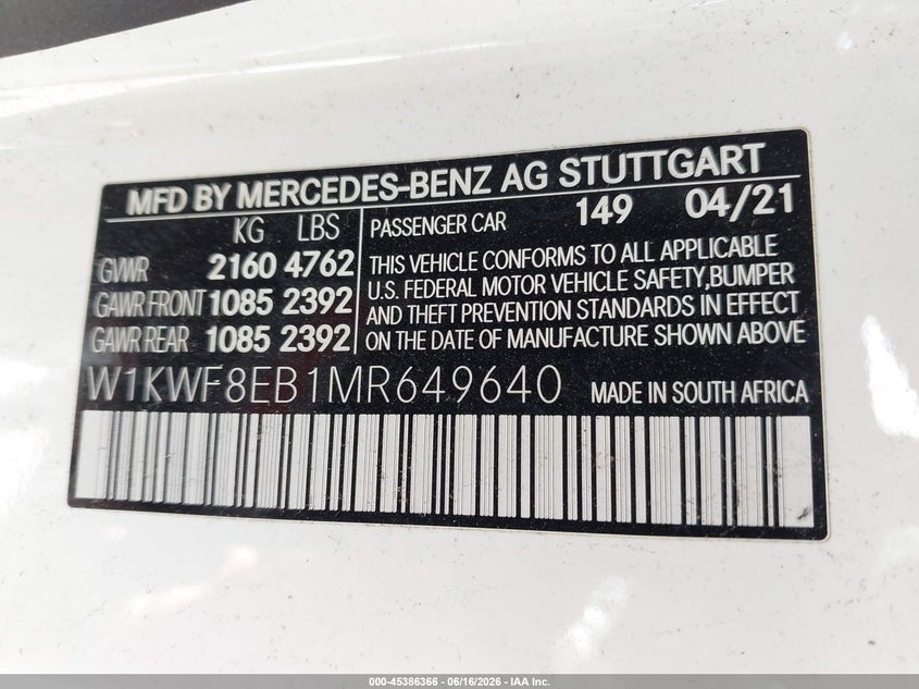 2021 Mercedes-benz C-klasse VIN W1KWF8EB1MR649640 IAAI salvage auction — LEFT SIDE, Mv-907A (New York), sold $6,650 on 2026-07-28 (photo 9)