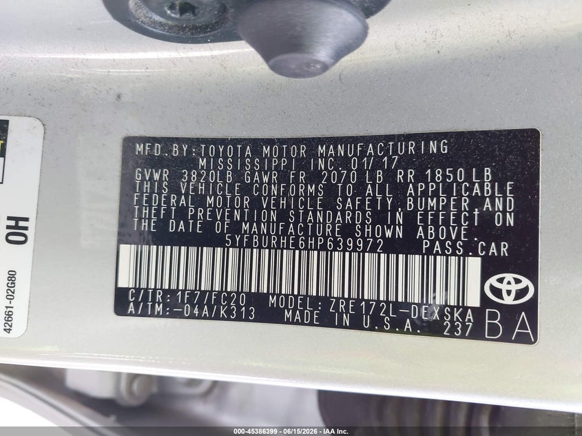 2017 Toyota Corolla VIN 5YFBURHE6HP639972 IAAI salvage auction — FRONT END, Bill Of Sale (Washington), sold $3,900 on 2026-07-07 (photo 9)