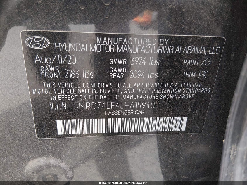 2020 Hyundai Elantra VIN 5NPD74LF4LH615940 IAAI salvage auction — NORMAL WEAR, Sf97 (California), sold $10,975 on 2026-07-30 (photo 9)