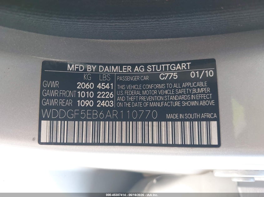 2010 Mercedes-benz C-klasse VIN WDDGF5EB6AR110770 IAAI salvage auction — REAR END, Salvage (California), sold $425 on 2026-07-23 (photo 9)