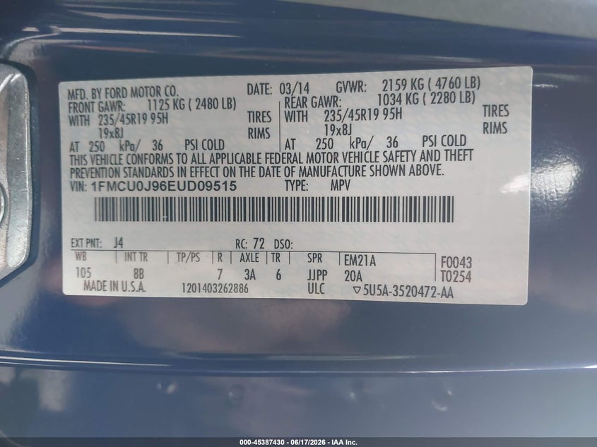 2014 Ford Escape VIN 1FMCU0J96EUD09515 IAAI salvage auction — REAR END, Clear (Hawaii), sold $1,200 on 2026-07-24 (photo 9)