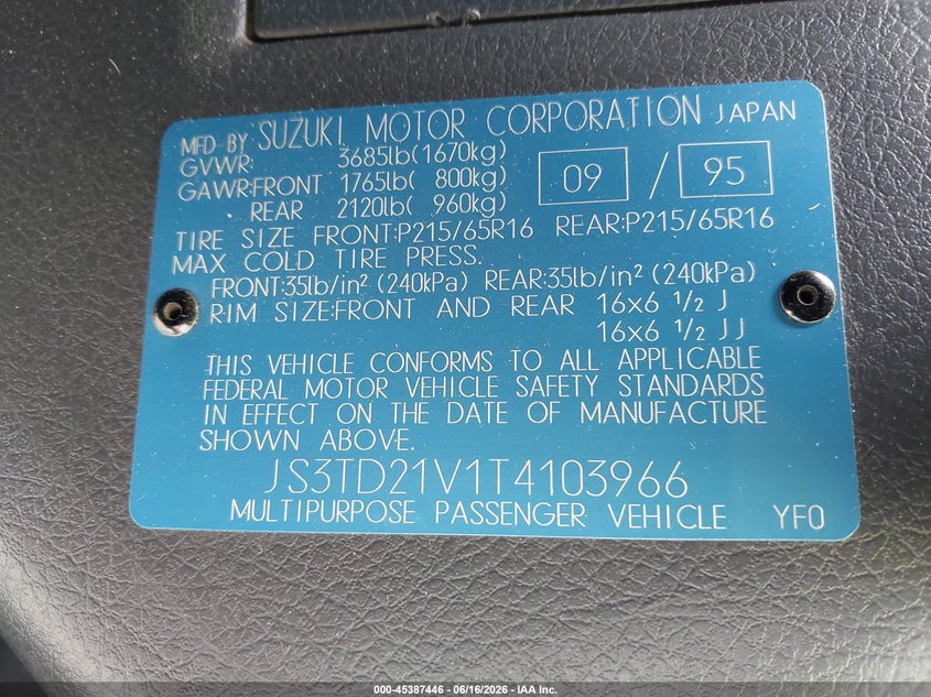 1996 Suzuki Sidekick VIN JS3TD21V1T4103966 IAAI salvage auction — FRONT END, Salvage (California), sold $300 on 2026-07-08 (photo 9)