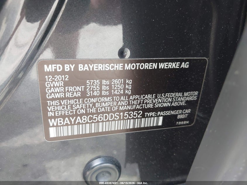 2013 BMW 7er VIN WBAYA8C56DDS15352 IAAI salvage auction — Burn Engine, Salvage (New Jersey), sold $4,250 on 2026-07-11 (photo 9)