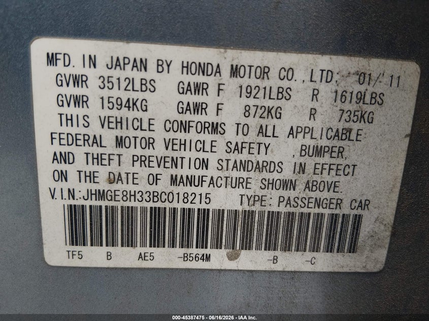 2011 Honda Fit VIN JHMGE8H33BC018215 IAAI salvage auction — RIGHT FRONT, Salvage (South Carolina), sold $275 on 2026-07-09 (photo 9)
