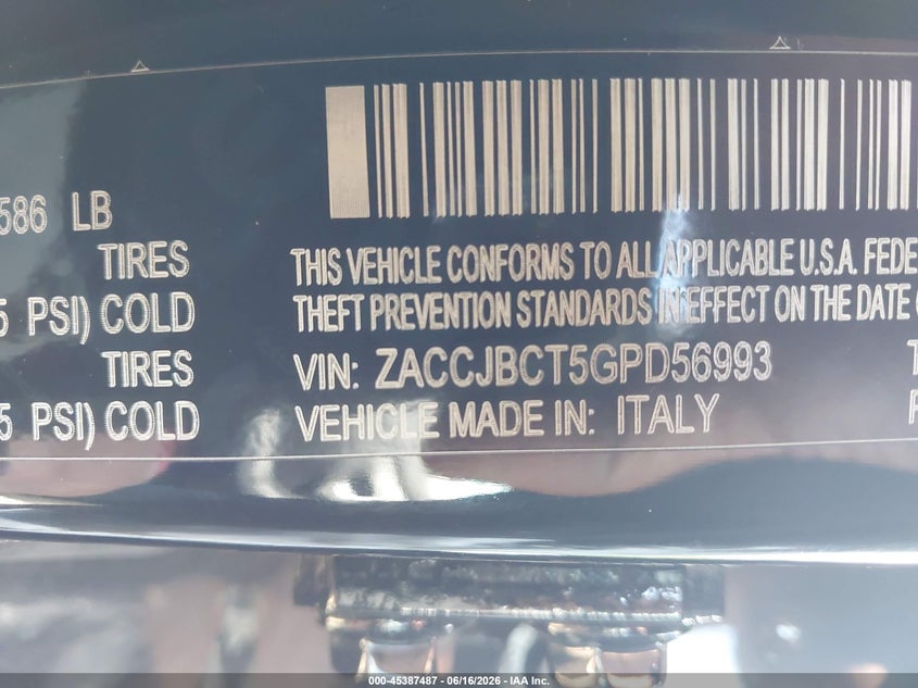 2016 Jeep Renegade VIN ZACCJBCT5GPD56993 IAAI salvage auction — FRONT END, Salvage (Minnesota), sold $3,500 on 2026-08-19 (photo 9)