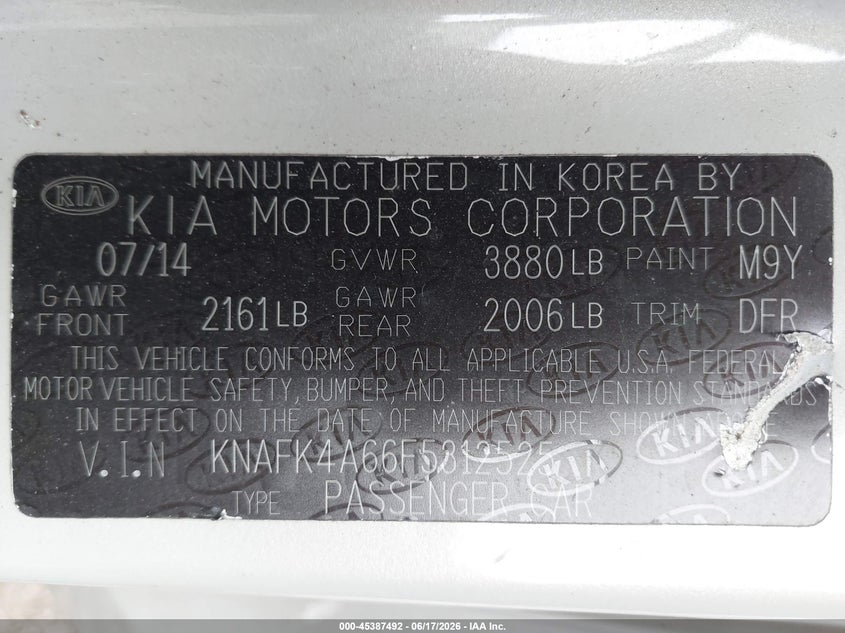 2015 Kia Forte VIN KNAFK4A66F5312525 IAAI salvage auction — ALL OVER, Clear (Indiana), sold $250 on 2026-07-11 (photo 9)