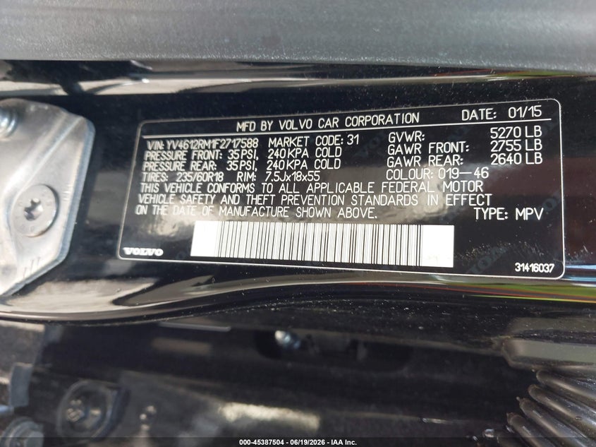 2015 Volvo Xc60 VIN YV4612RM1F2717588 IAAI salvage auction — RIGHT REAR, Clear (Virginia), sold $5,600 on 2026-07-24 (photo 9)