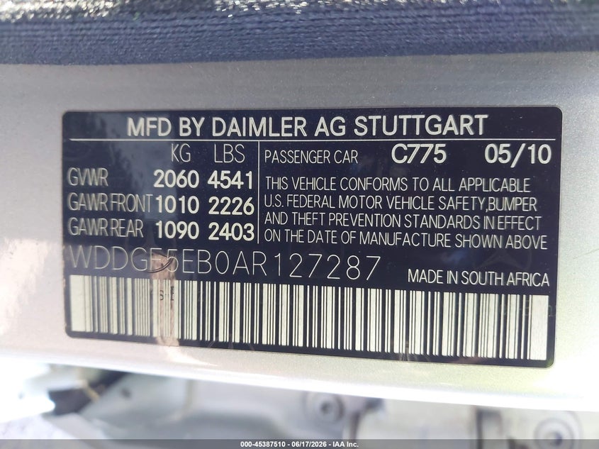 2010 Mercedes-benz C class VIN WDDGF5EB0AR127287 IAAI salvage auction — REAR END, Original (Texas), sold $1,125 on 2026-08-11 (photo 9)