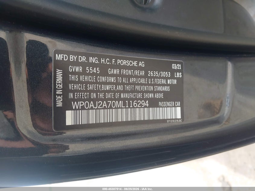 2021 Porsche Panamera VIN WP0AJ2A70ML116294 IAAI salvage auction — REAR END, Salvage (North Carolina), sold $17,900 on 2026-07-10 (photo 9)