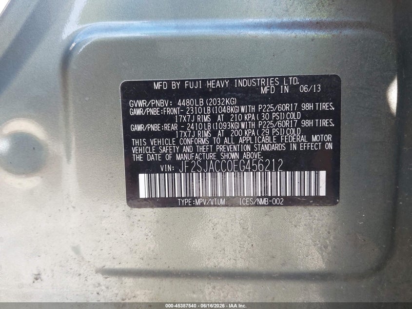 2014 Subaru Forester VIN JF2SJACC0EG456212 IAAI salvage auction — FRONT END, Bill Of Sale (Washington), sold $1,250 on 2026-07-29 (photo 9)
