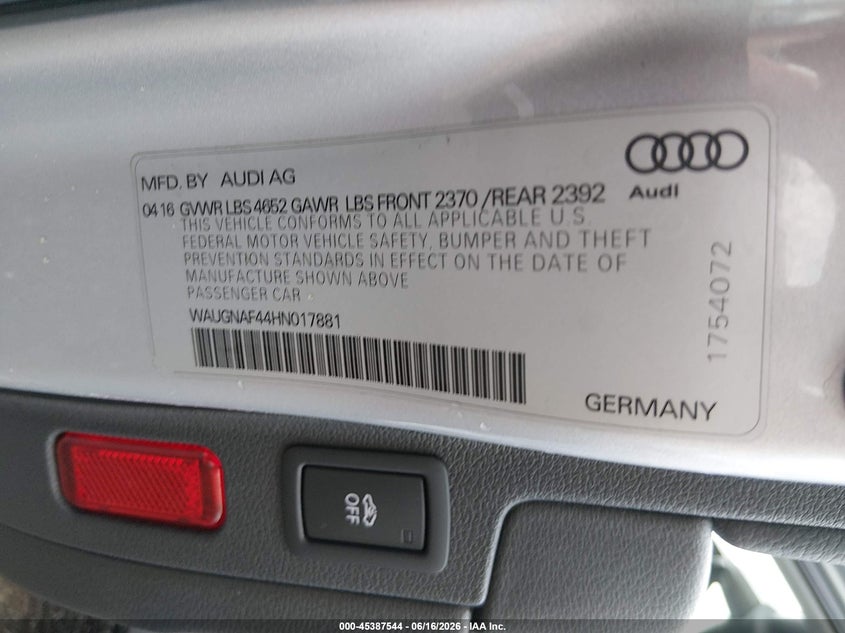 2017 Audi A4 VIN WAUGNAF44HN017881 IAAI salvage auction — FRONT END, Salvage Title, sold $1,900 on 2026-07-24 (photo 9)
