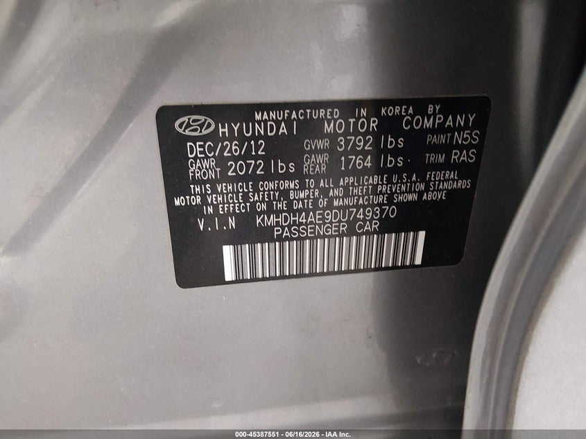 2013 Hyundai Elantra VIN KMHDH4AE9DU749370 IAAI salvage auction — ENGINE BURN, Rebuildable (Florida), sold $225 on 2026-07-08 (photo 9)