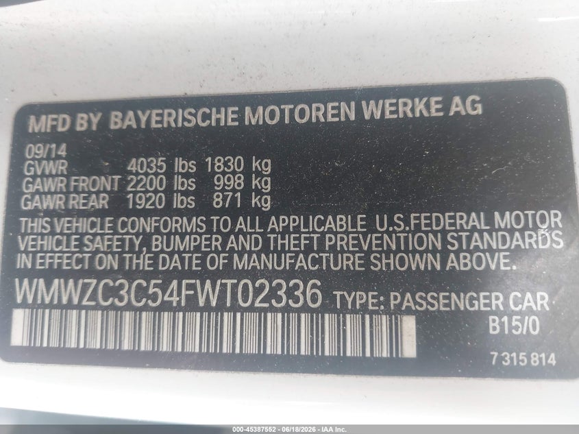 2015 Mini Countryman VIN WMWZC3C54FWT02336 IAAI salvage auction — NORMAL WEAR, Salvage Title, sold $425 on 2026-08-20 (photo 9)