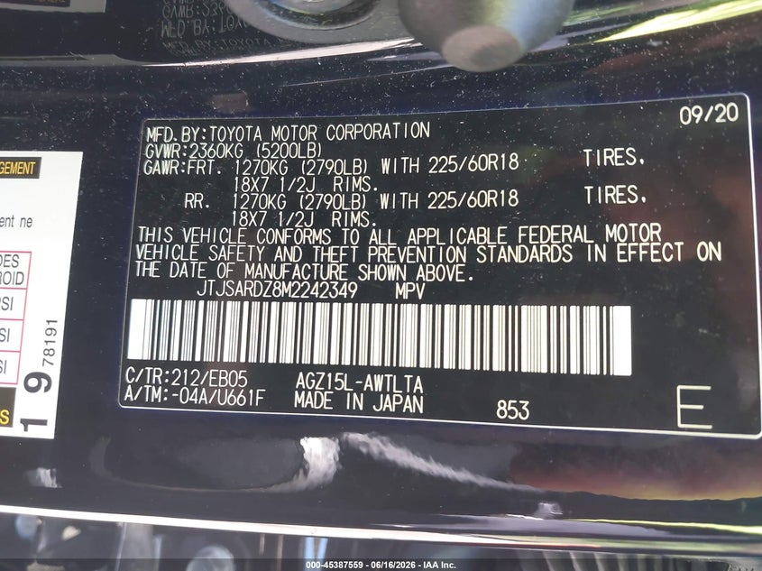 2021 Lexus Nx VIN JTJSARDZ8M2242349 IAAI salvage auction — FRONT END, Salvage - 75% Or Less (Maryland), sold $5,800 on 2026-07-21 (photo 9)