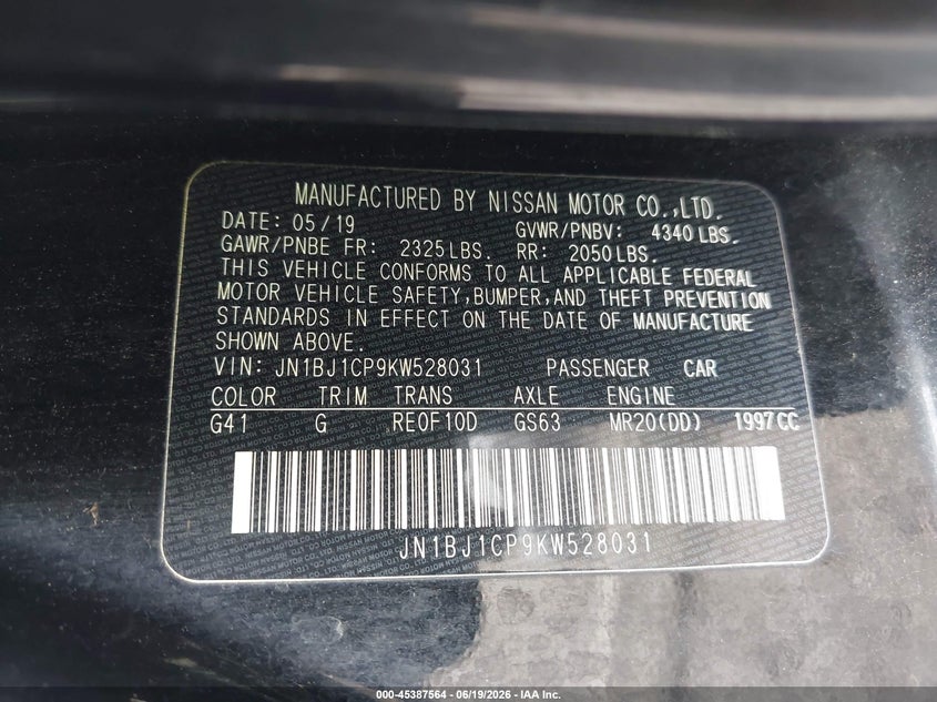 2019 Nissan Rogue VIN JN1BJ1CP9KW528031 IAAI salvage auction — REAR END, Salvage Title, sold $1,950 on 2026-08-02 (photo 9)