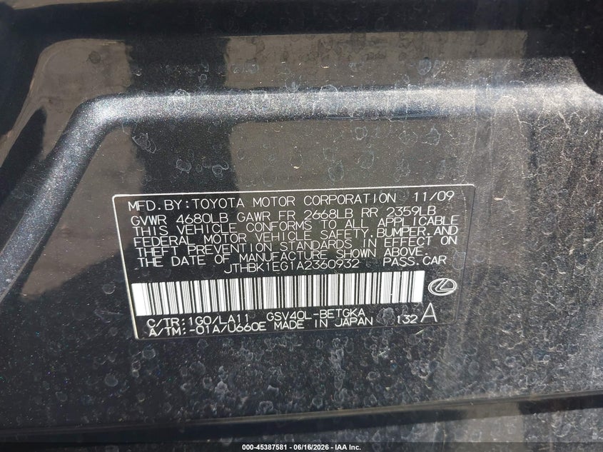 2010 Lexus ES VIN JTHBK1EG1A2360932 IAAI salvage auction — LEFT & RIGHT, Salvage (California), sold $1,475 on 2026-07-07 (photo 9)