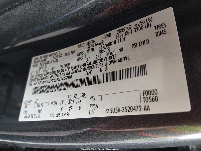 2016 Ford F-150 VIN 1FTEW1CP7GKF45288 IAAI salvage auction — REAR END, Salvage (Mississippi), sold $4,350 on 2026-07-24 (photo 9)