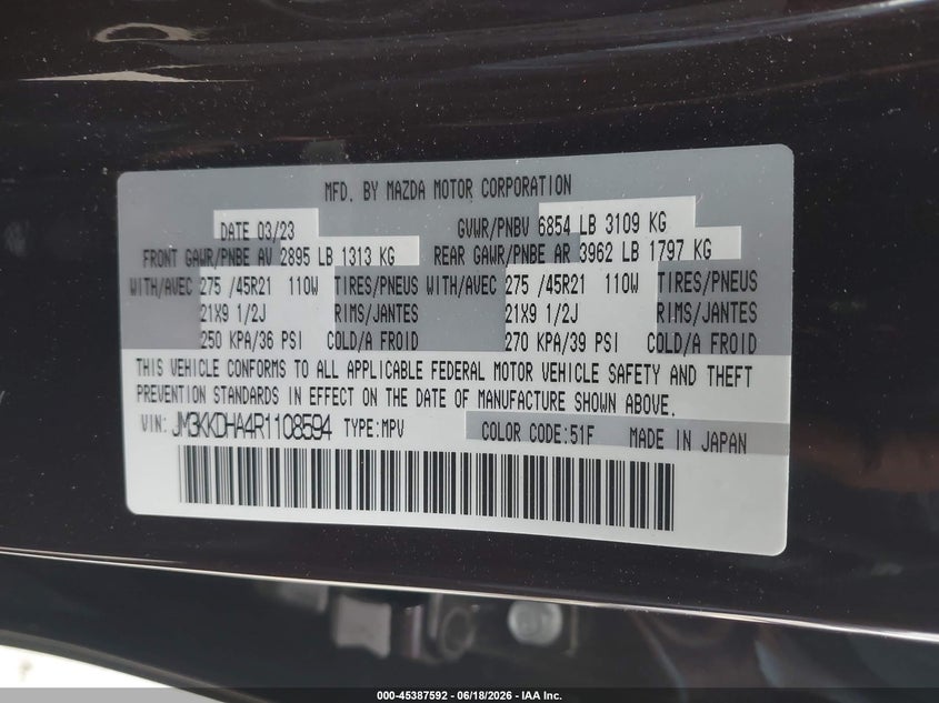 2024 Mazda Cx-90 VIN JM3KKDHA4R1108594 IAAI salvage auction — REAR END, Salvage (California), sold $14,000 on 2026-07-22 (photo 9)