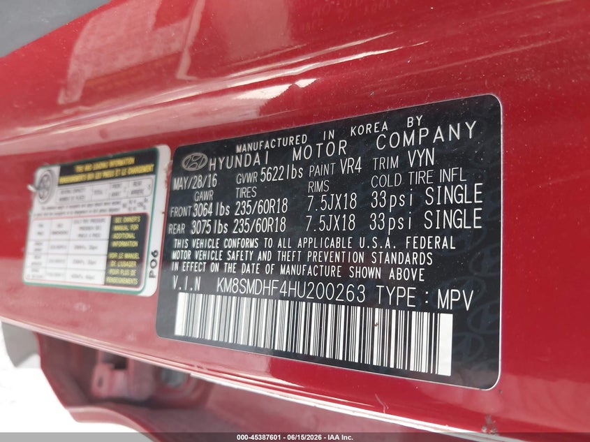 2017 Hyundai Santa fe VIN KM8SMDHF4HU200263 IAAI salvage auction — FRONT END, Clear (Wisconsin), sold $1,300 on 2026-07-28 (photo 9)