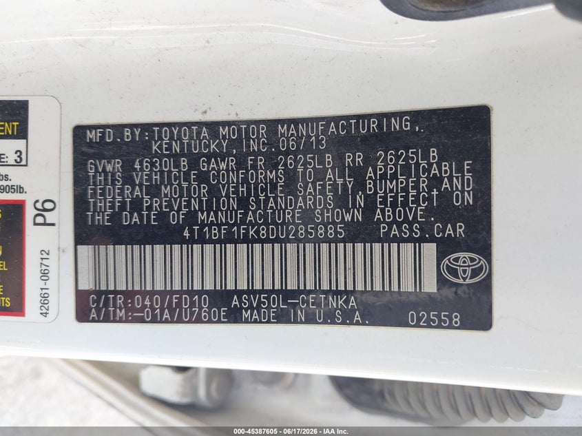 2013 Toyota Camry VIN 4T1BF1FK8DU285885 IAAI salvage auction — LEFT FRONT, Salvage Title, sold $1,350 on 2026-07-23 (photo 9)