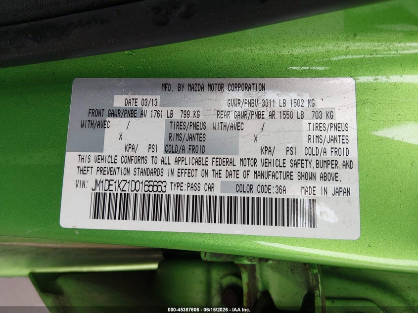 2013 Mazda 2 VIN JM1DE1KZ1D0165663 IAAI salvage auction — NORMAL WEAR, Clear (Massachusetts), sold $1,000 on 2026-07-07 (photo 9)
