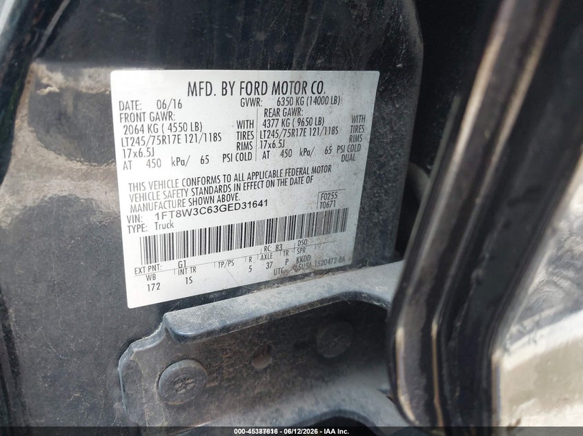 2016 Ford F-350 VIN 1FT8W3C63GED31641 IAAI salvage auction — NORMAL WEAR, Sf97 (New York), sold $11,500 on 2026-07-31 (photo 9)