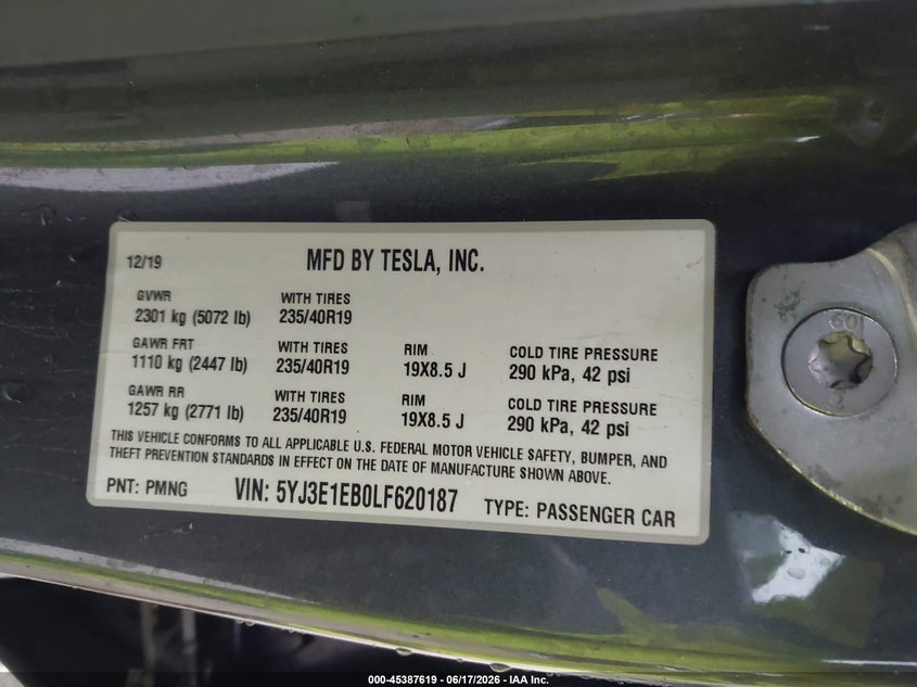 2020 Tesla Model 3 VIN 5YJ3E1EB0LF620187 IAAI salvage auction — RIGHT REAR, Salvage (Illinois), sold $9,850 on 2026-07-23 (photo 9)
