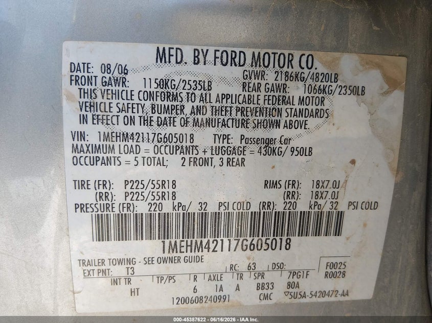 2007 Mercury Montego VIN 1MEHM42117G605018 IAAI salvage auction — SIDE, Salvage (Iowa), sold $500 on 2026-07-21 (photo 9)