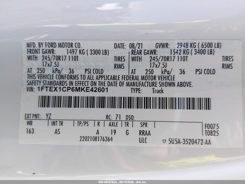 2021 Ford F-150 VIN 1FTEX1CP6MKE42601 IAAI salvage auction — REAR END, Salvage Title, sold $6,300 on 2026-07-24 (photo 9)