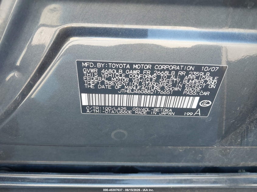 2008 Lexus Es 350 VIN JTHBJ46G882176651 IAAI salvage auction — FRONT END, Salvage (California), sold $475 on 2026-07-24 (photo 9)