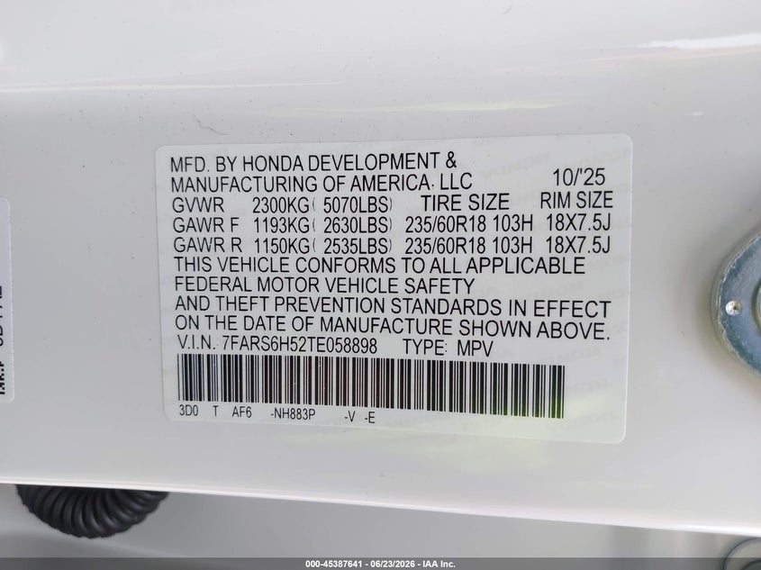 2026 Honda Cr-v VIN 7FARS6H52TE058898 IAAI salvage auction — ENGINE DAMAGE, Bill Of Sale (Washington), sold $20,200 on 2026-07-08 (photo 9)
