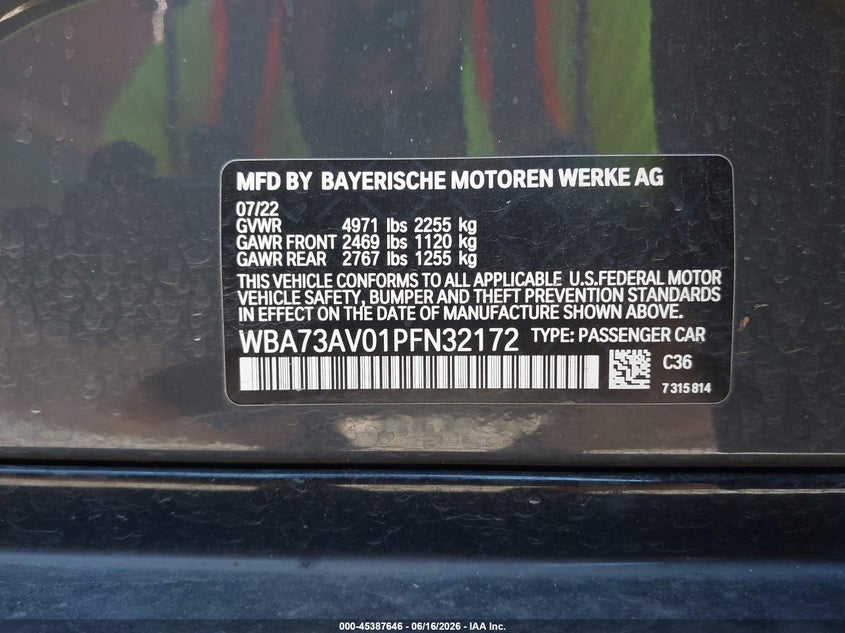 2023 BMW 4er VIN WBA73AV01PFN32172 IAAI salvage auction — FRONT & REAR, Bill Of Sale (Washington), sold $15,100 on 2026-07-29 (photo 9)