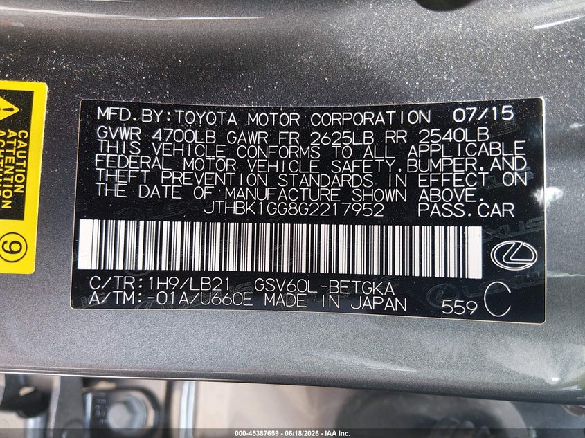 2016 Lexus ES VIN JTHBK1GG8G2217952 IAAI salvage auction — REAR END, Salvage (North Carolina), sold $7,350 on 2026-07-20 (photo 9)