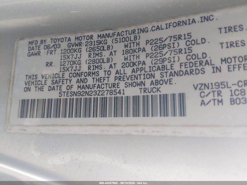 2003 Toyota Tacoma VIN 5TESN92N23Z278541 IAAI salvage auction — FRONT END, Salvage (Tennessee), sold $875 on 2026-07-20 (photo 9)