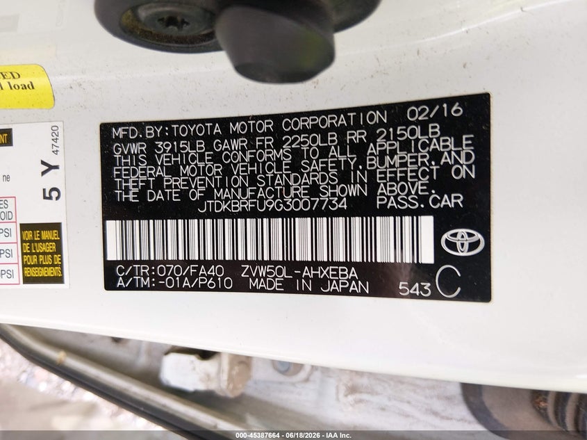 2016 Toyota Prius VIN JTDKBRFU9G3007734 IAAI salvage auction — NORMAL WEAR, Clear (Arkansas), sold $3,300 on 2026-07-23 (photo 9)