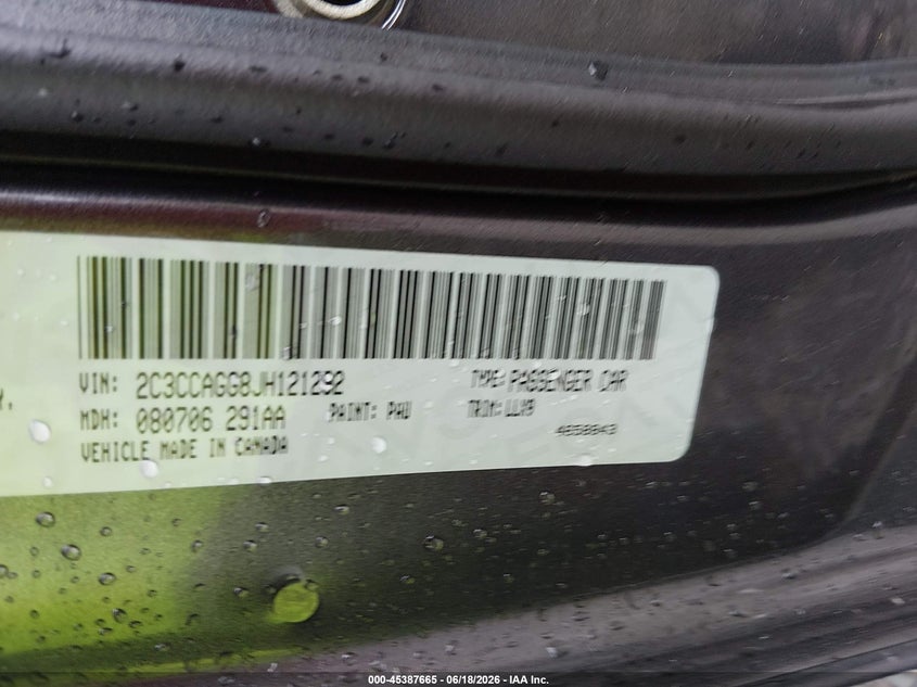 2018 Chrysler 300 VIN 2C3CCAGG8JH121292 IAAI salvage auction — FRONT & REAR, Salvage (West Virginia), sold $5,600 on 2026-07-23 (photo 9)