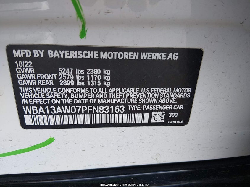 2023 BMW M440i Gran Coupe VIN WBA13AW07PFN83163 IAAI salvage auction — Side, Salvage (Minnesota), sold $23,625 on 2026-08-31 (photo 9)