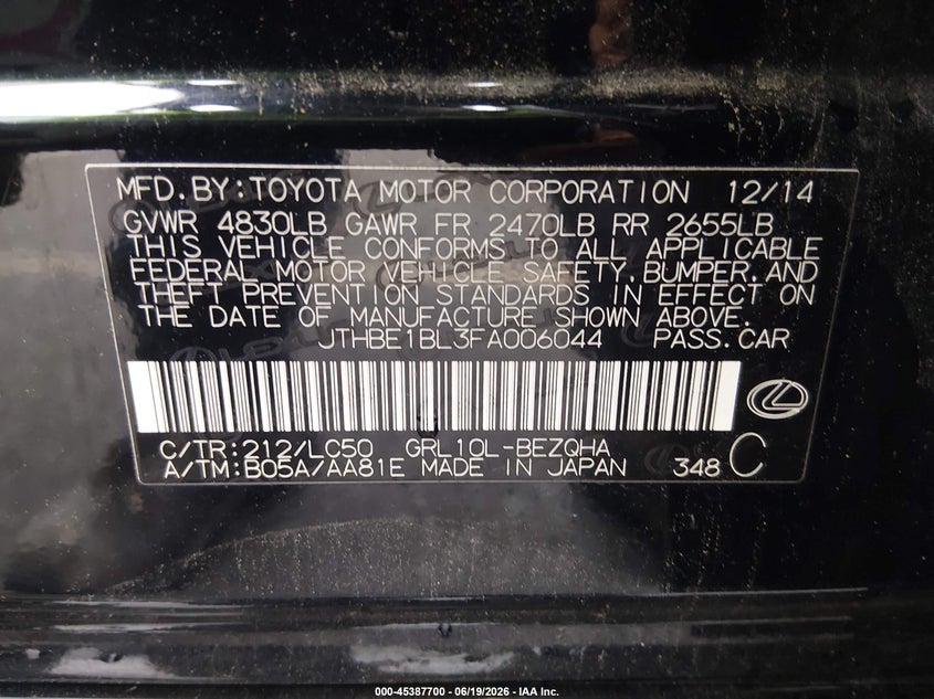 2015 Lexus Gs VIN JTHBE1BL3FA006044 IAAI salvage auction — LEFT SIDE, Salvage (South Carolina), sold $3,575 on 2026-07-29 (photo 9)