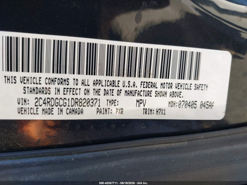 2013 Dodge Caravan VIN 2C4RDGCG1DR820371 IAAI salvage auction — FRONT END, Salvage (California), sold $675 on 2026-07-09 (photo 9)