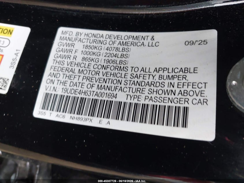 2026 Acura Integra VIN 19UDE4H63TA001694 IAAI salvage auction — REAR END, Salvage Title, sold $13,100 on 2026-07-28 (photo 9)