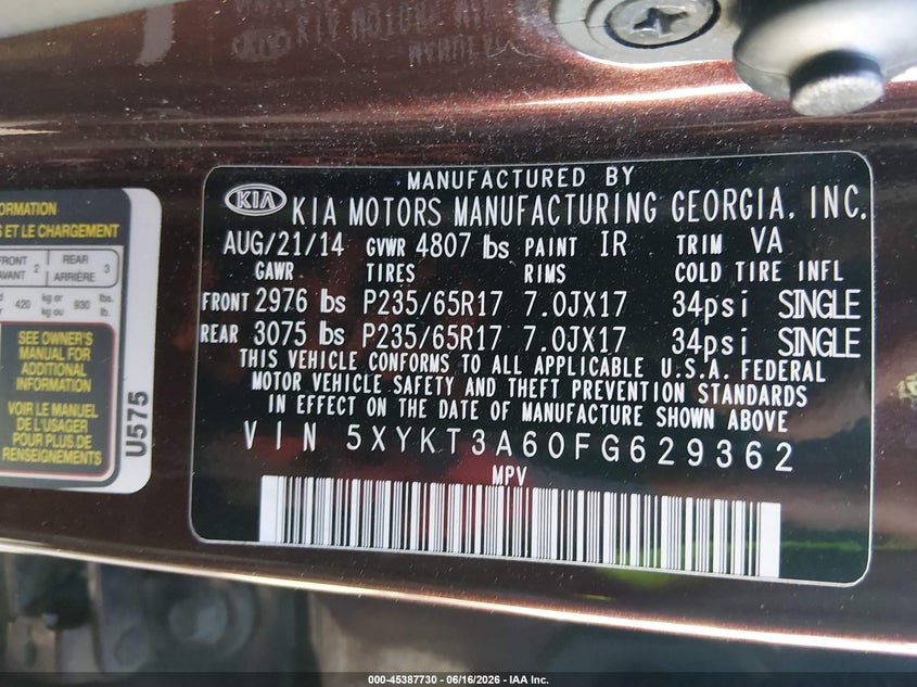 2015 Kia Sorento VIN 5XYKT3A60FG629362 IAAI salvage auction — FRONT END, Salvage (Kentucky), sold $800 on 2026-07-29 (photo 9)