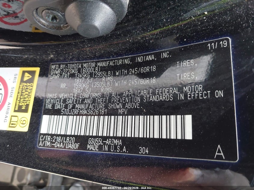 2019 Toyota Highlander VIN 5TDJZRFH8KS626181 IAAI salvage auction — FRONT END, Salvage - Greater Than 75% (Maryland), sold $5,900 on 2026-07-31 (photo 9)