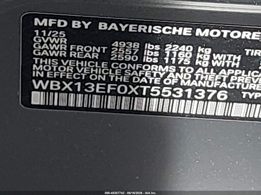2026 BMW X1 VIN WBX13EF0XT5531376 IAAI salvage auction — FRONT & REAR, Salvage Title, sold $23,125 on 2026-08-20 (photo 9)